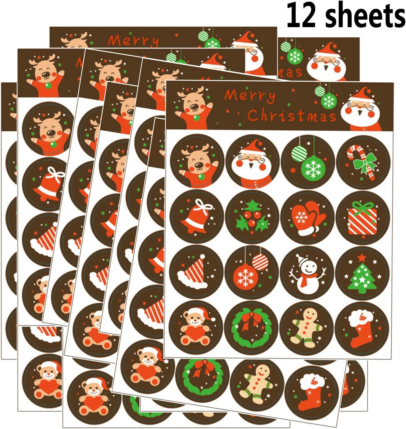 Fecedy 12 Sheets/192pcs Merry Christmas Stickers Christmas Tree Hat Gloves Snowman Stickers for Christmas Decorations