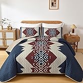 Dintszyayue Queen Quilt Set 3 Piece Boho Aztec Texture Bedspread Coverlet Set Blue and Red Quilt Reversible Lightweight Bedding Set Geometric Bohemian Bed Cover with 2 Pillowcases(Blue Red,90"x96")