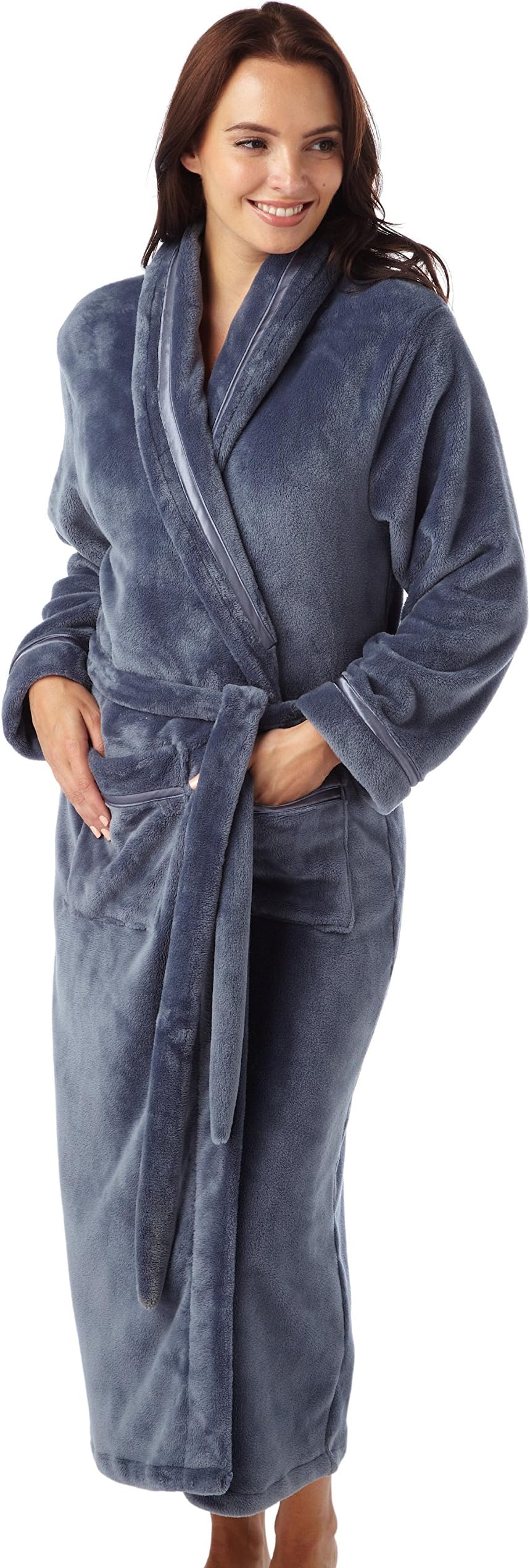 Indigo Sky Ladies Flannel Fleece Dressing Gown Robe Satin Trim Grey Red Navy Teal Plum Pink Full Length
