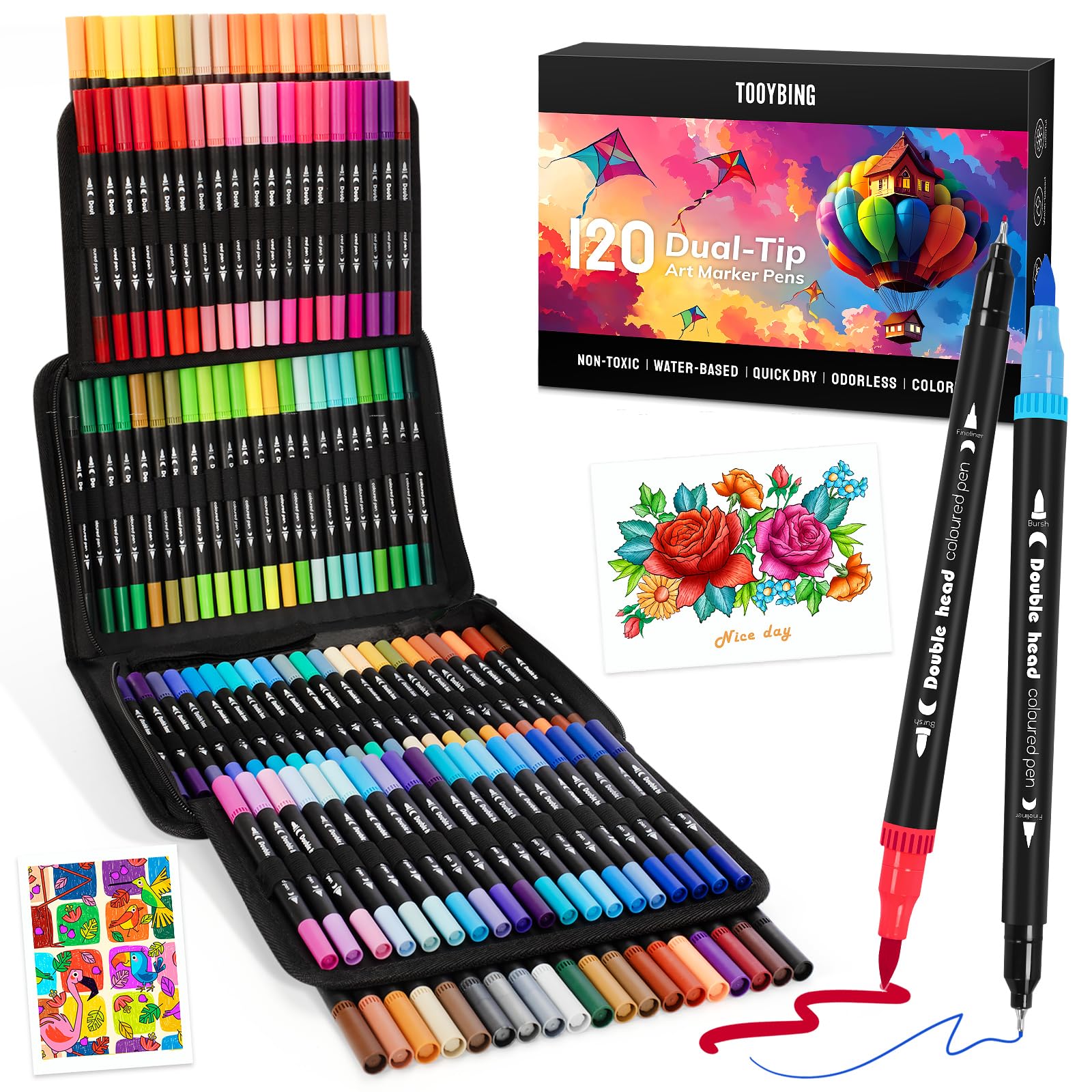 View 1 of 120 Colors Dual Tip Art Markers Pen for Adult Coloring Books No Bleeding, Artists Fine & Brush Tip Drawing Markers Pens for School, Journaling Painting Calligraphy Lettering Supplies for Adults Kids