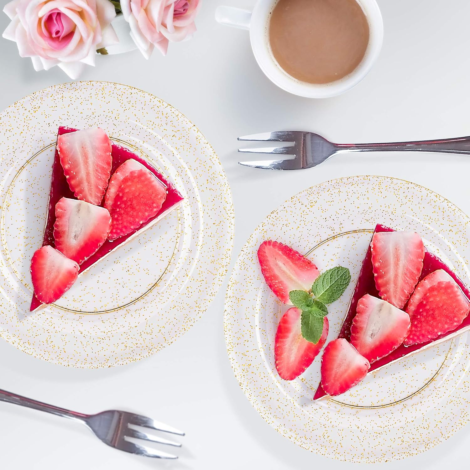 MATANA 25 Elegant Clear Hard Plastic Dessert Plates with Gold Glitter, 19cm, Sturdy & Reusable, Weddings, Birthdays - Image 3