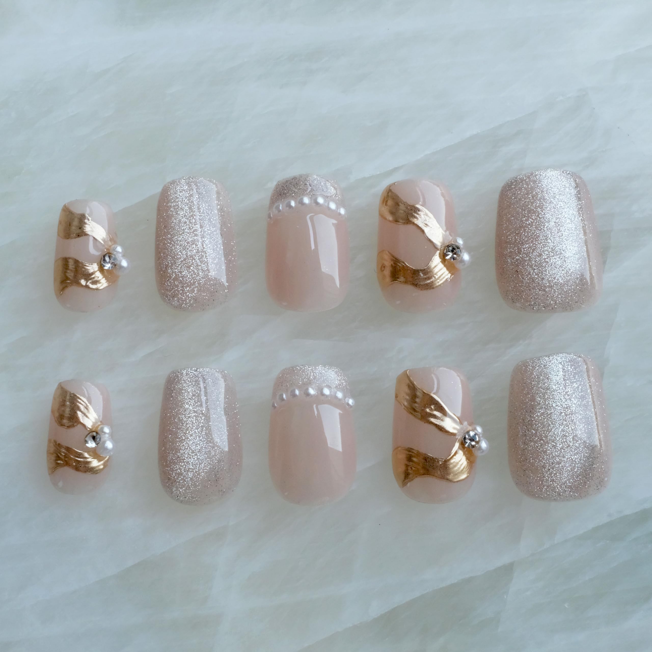 Photo 1 of [GLORS] Purely Handmade Press On Nails | Elegant French Pink Pearl Gold Fake False Nail | Salon Quality in Short Square shape, 10 pieces (Medium, SS)