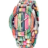 Dentily Wooden Watches for Men Handmade Colorful Bamboo Engraved Wood Watch Analog Quartz Men's Wooden Watch
