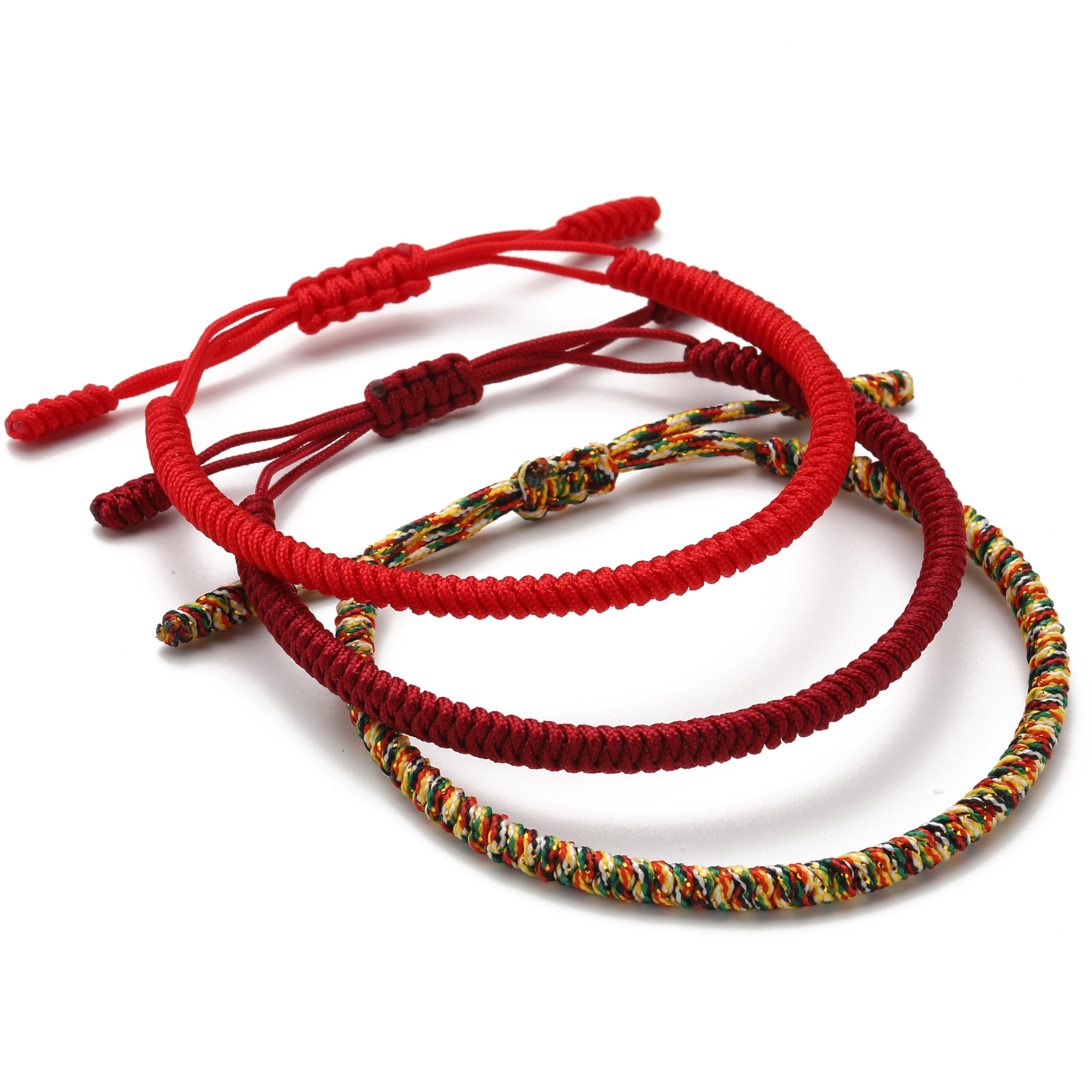 LUCKY BUDDHIST Handmade Bracelets + Buddhist Gift! Tibetan Good Luck String Armbands. For Women Men Teens. Adjustable Size! Friendship present. Handcrafted rope wristbands. Red, Dark Red, Multi Gold — image 1