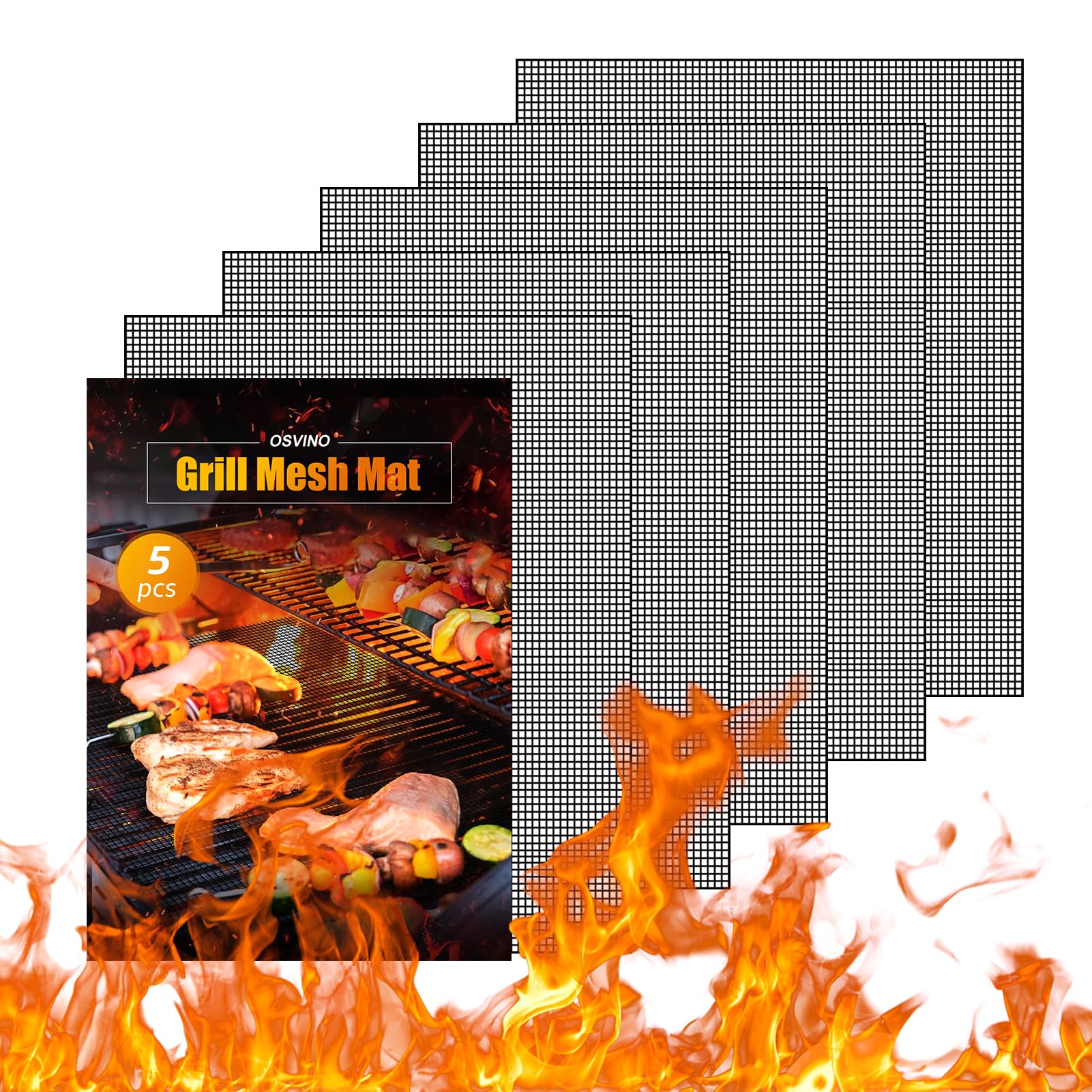 OSVINO Black BBQ Grill Mesh Mat 5 Pack Non-Stick Reusable Grill Mats 40x30cm Outdoor Barbecue Baking Accessories Works on Gas Charcoal Electric Grill for Grilling Meat, Fish, Steak, Vegetables