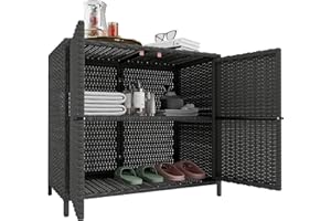Outsunny Wicker Outdoor Storage Cabinet, Pool Patio Storage Organizer with Double Magnetic Doors, Aluminum Alloy Pulls, PE Ra