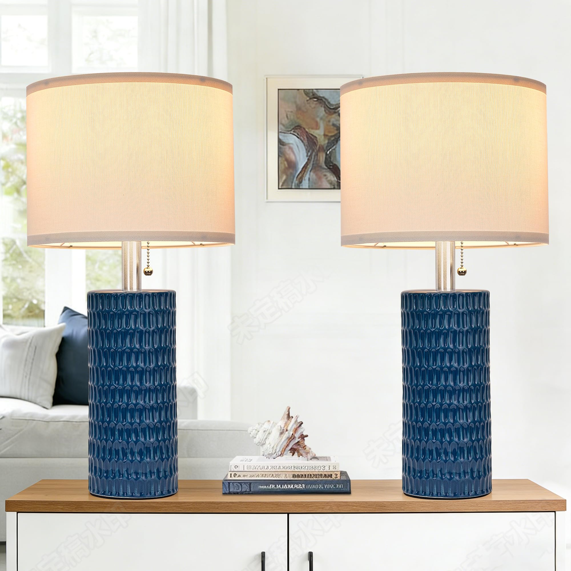 Reaketon Table Lamps for Living Room Set of 2, Ceramic Table Lamps for Bedroom, 20" Modern Lamps for Night Stands, Blue Image