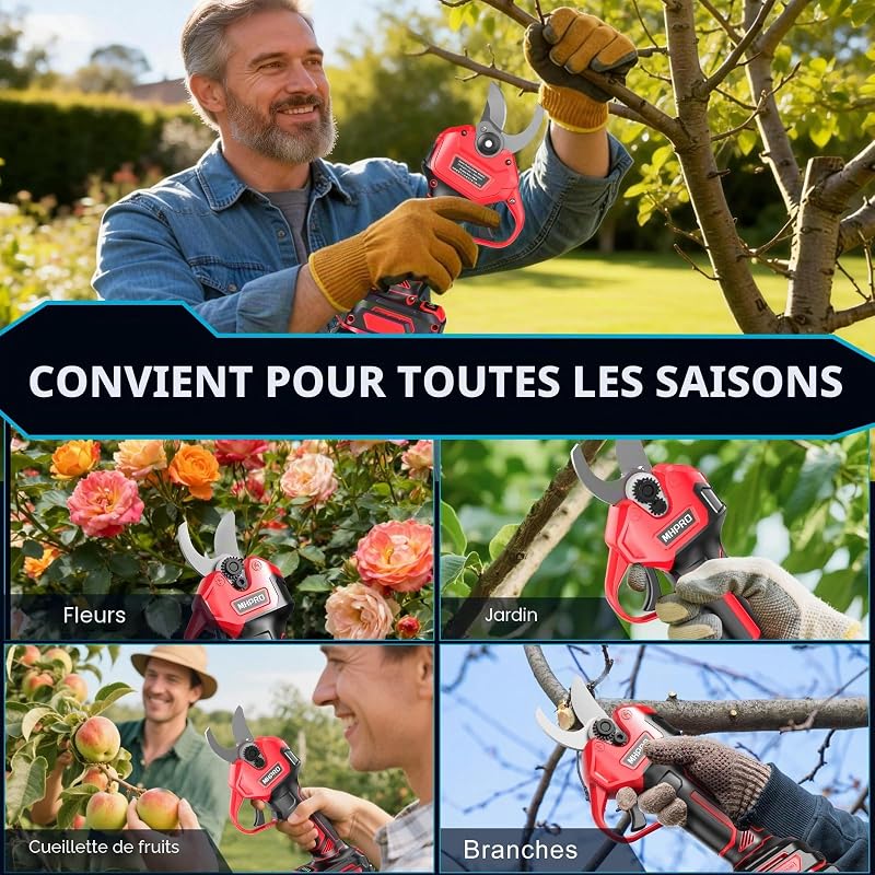 Sécateur Électrique Sans fil, MHPRO 30mm Secateur Electrique avec 2 Batteries de 2000mAh et Écran LCD, Secateur a Batterie Moteur Sans Balais Pour la Taille, Le Jardinage, Les Arbres Fruitiers.