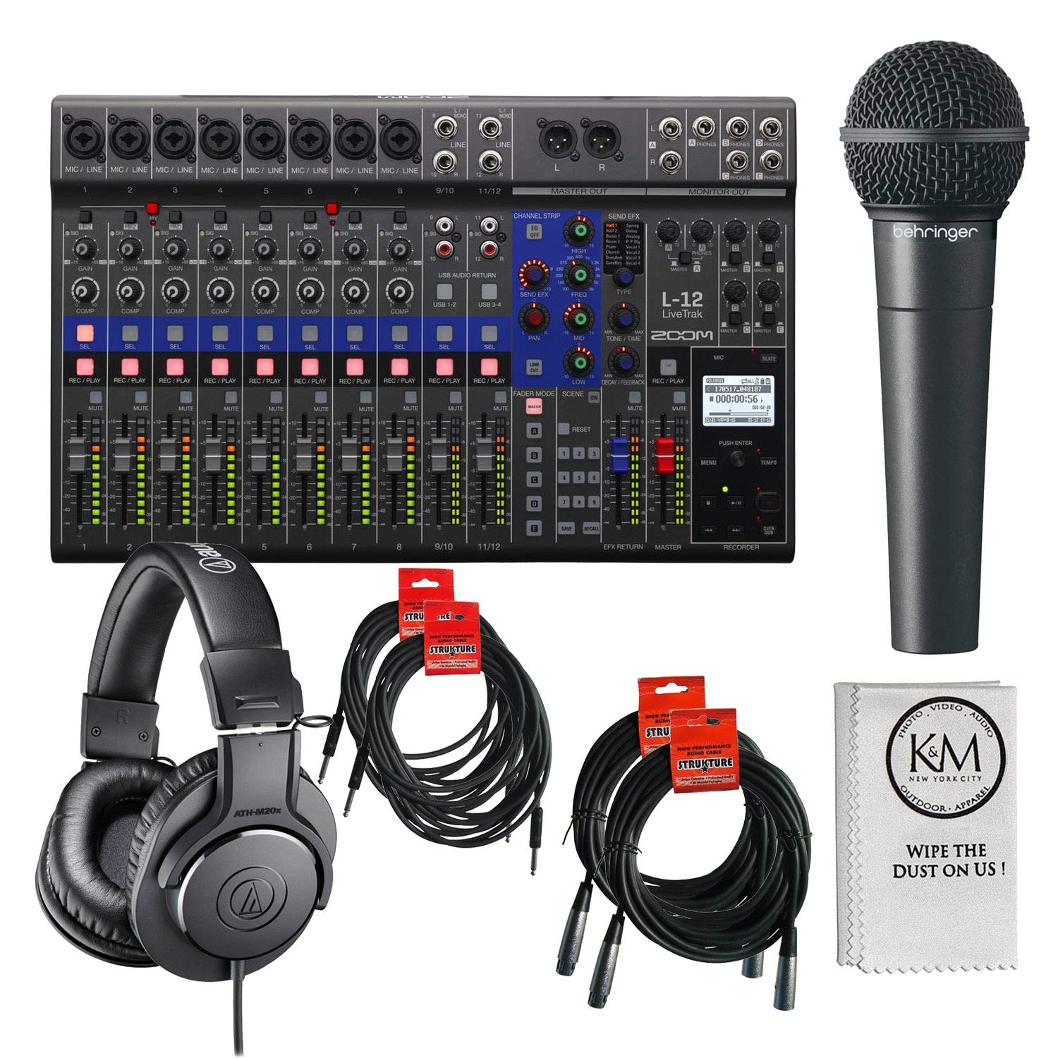 Zoom LiveTrak L-12 Digital Mixer & Recorder + XM8500 Microphone + (4) Cables + ATH-M20x + K&M Cloth
