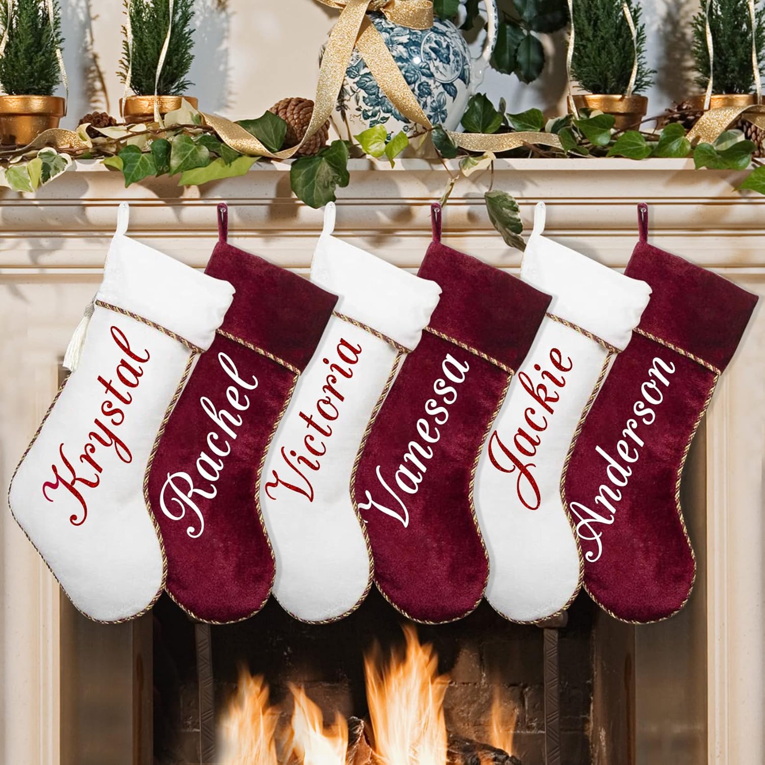 Stockings & Holders - Ugiftcorner Personalized Christmas Stockings 6 Pack White and Red Christmas Stockings Velvet Stockings with Tassel for Family Kids Large Christmas Stockings Xmas Farmhouse Fireplace Hanging