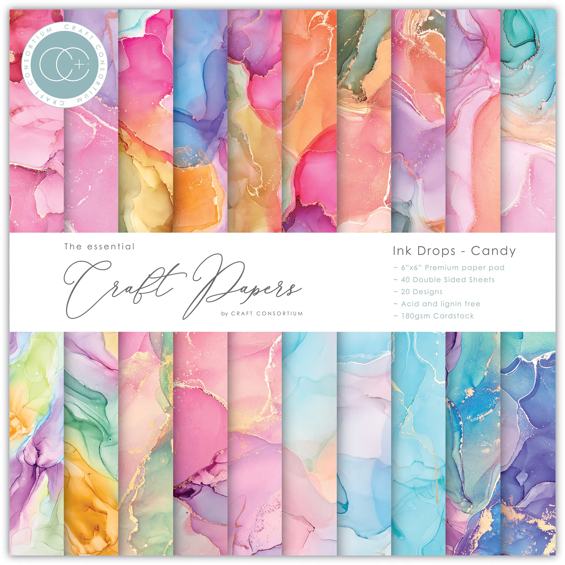 Craft Consortium - The Essential Craft Papers - 6x6 - Ink Drops - Candy