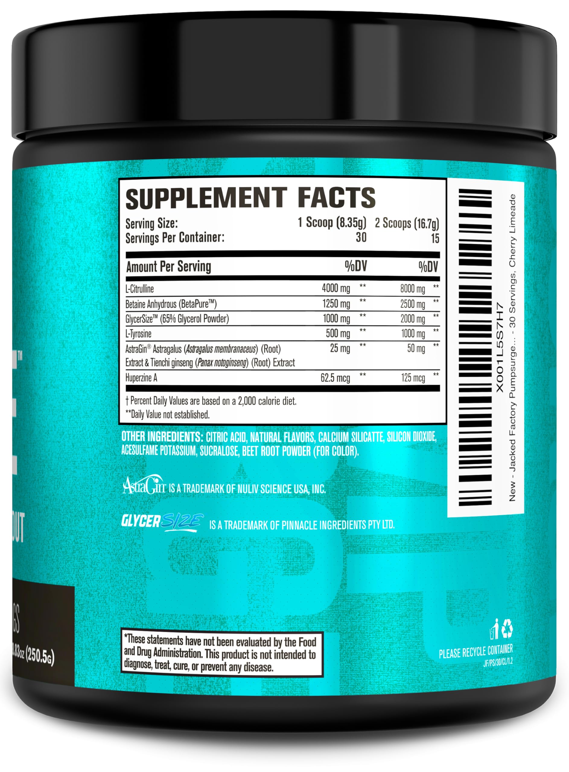 Jacked Factory Pumpsurge Caffeine Free Pre Workout for Men & Women - Nootropic Booster & Stim Free Pre Workout - Intense Pumps, Enhanced Focus - 30 Servings, Cherry Limeade