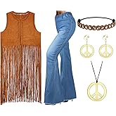 Yahenda 5 Pcs 70s Women Halloween Hippie Costume Set Fringe Vest Boho Flared Pant Peace Sign Earrings Headband and Necklace