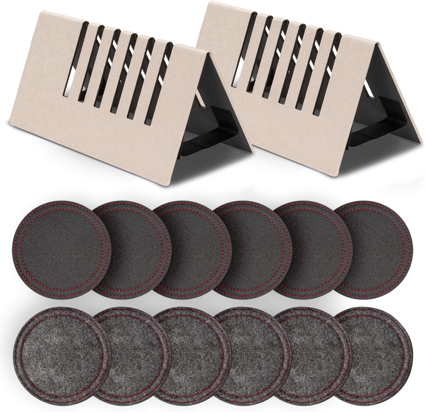 Coasters for Drinks, Muscccm 12 Pcs Absorbent Leather Felt Coasters with 2 Set Storage Holders