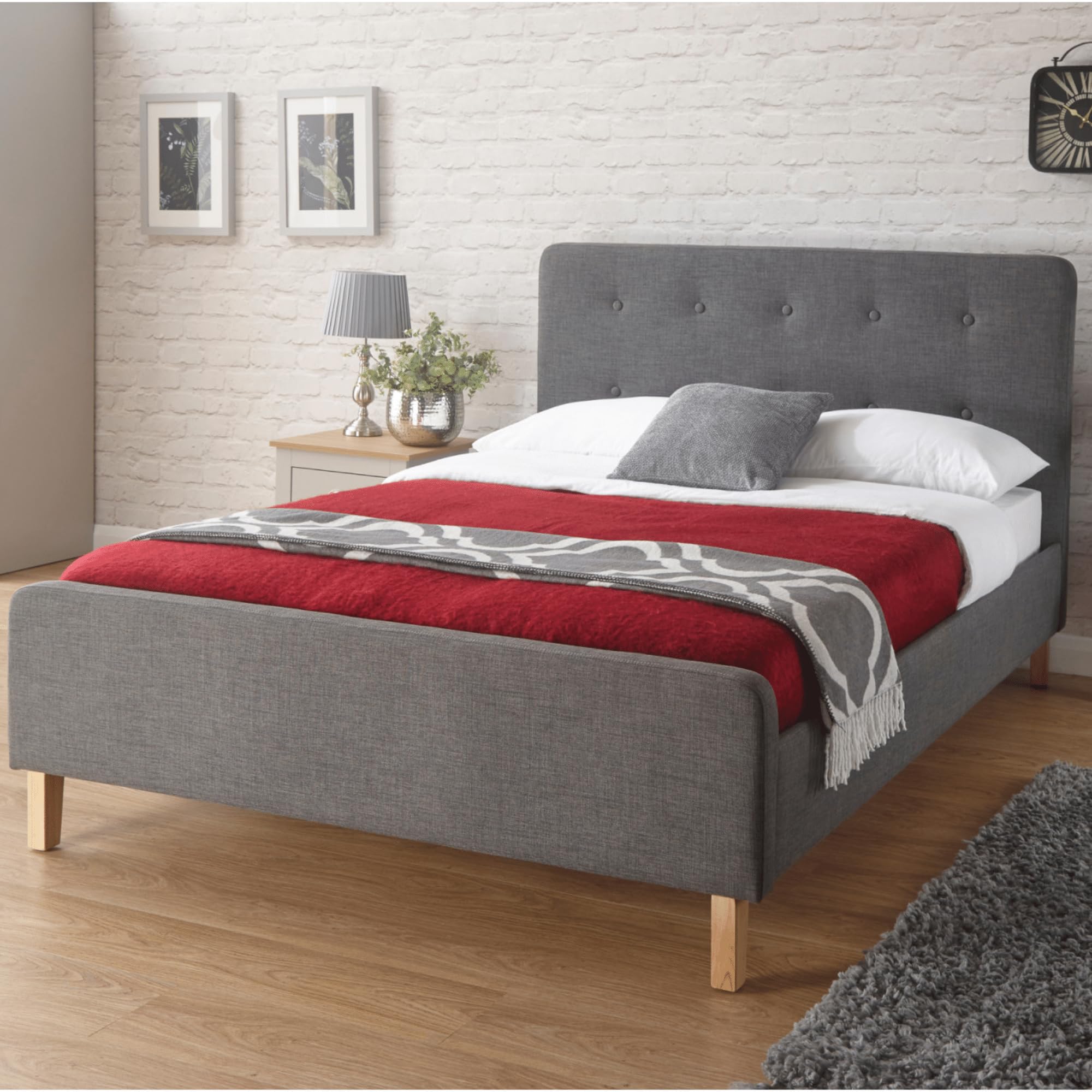 Home Source - Modern High Headboard Buttoned Grey Fabric Light Oak Effect Leg Double 4ft 6 Bed
