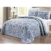 Grand Linen 3-Piece Oversize (115" X 95") Fine Printed Prewashed All-Season Quilt Set Reversible Bedspread Coverlet King Size Bed Cover (Grey, Black, White, Blue, Paisley)