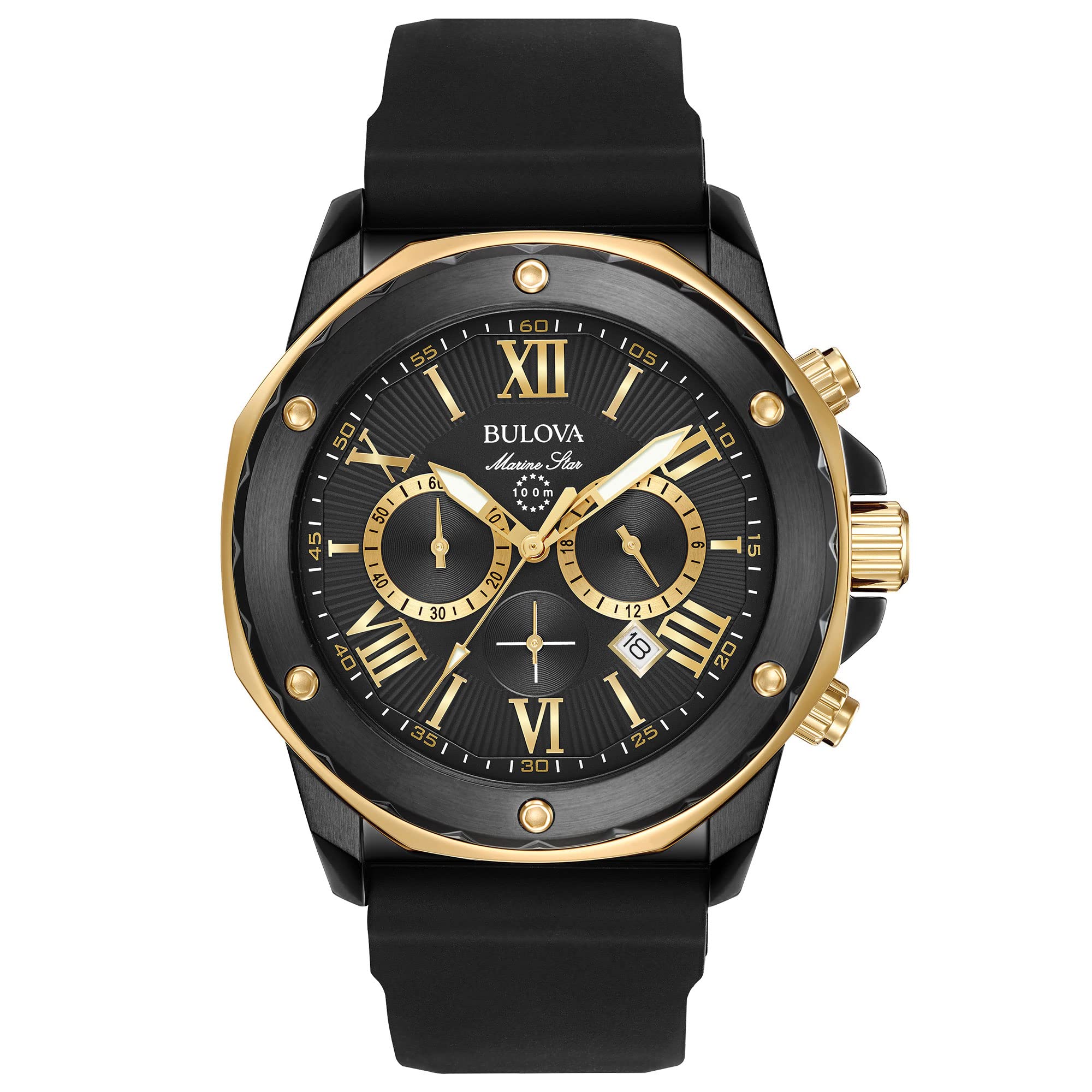 Bulova Marine Star Series A Reloj de cuarzo con cronógrafo de 6 manecillas de acero inoxidable chapado en iones de oro negro y rosa, correa de silicona negra Estilo: 98B278