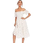 R.Vivimos Womens Summer Floral Print Puff Sleeves Vintage Ruffles Midi Dress