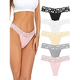 voenxe Seamless Thong for Women,No Show Lace Underwear,Ladies Cotton Blend Breathable Panties,Comfort Soft Undie,Tanga,5-Pack