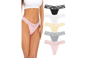 VOENXE Seamless Lace Thongs for Women,No Show Underwear,Lady Cotton Blend Breathable Panties,Comfort Soft Undies,Tanga,5-Pack