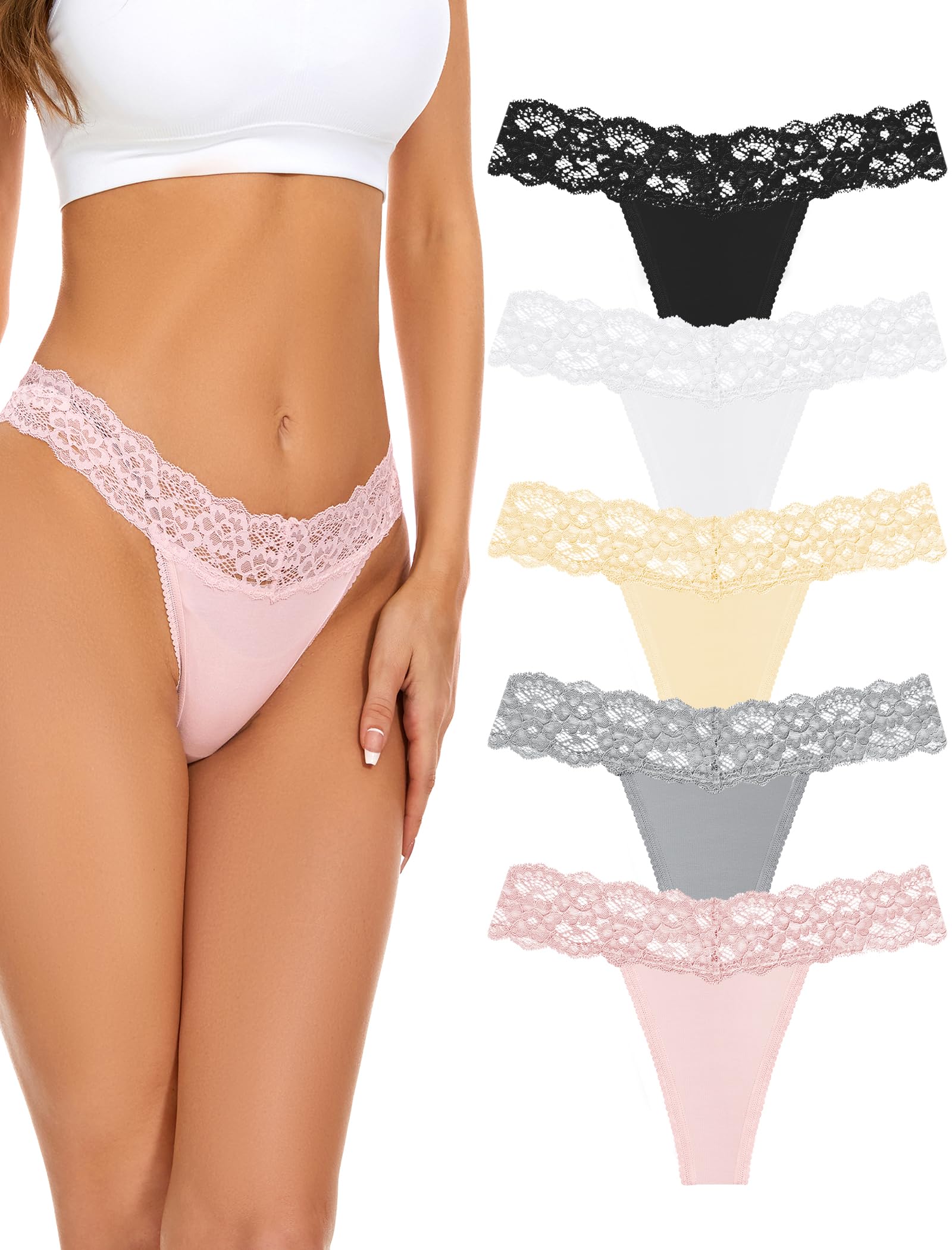 Photo 1 of voenxe Seamless Lace Thongs for Women No Show Thong Underwear,Lady Breathable Comfort Panty Soft Laser Cut Undie,Tanga,5-Pack Basic