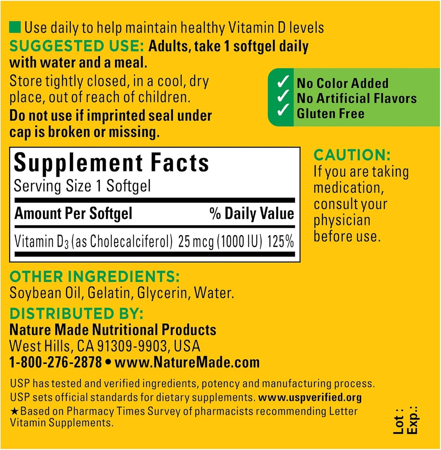 Nature Made Vitamin D3 1000 IU (25 mcg) Softgels, 100 Count for Bone Health† (Packaging May Vary): Health & Personal Care