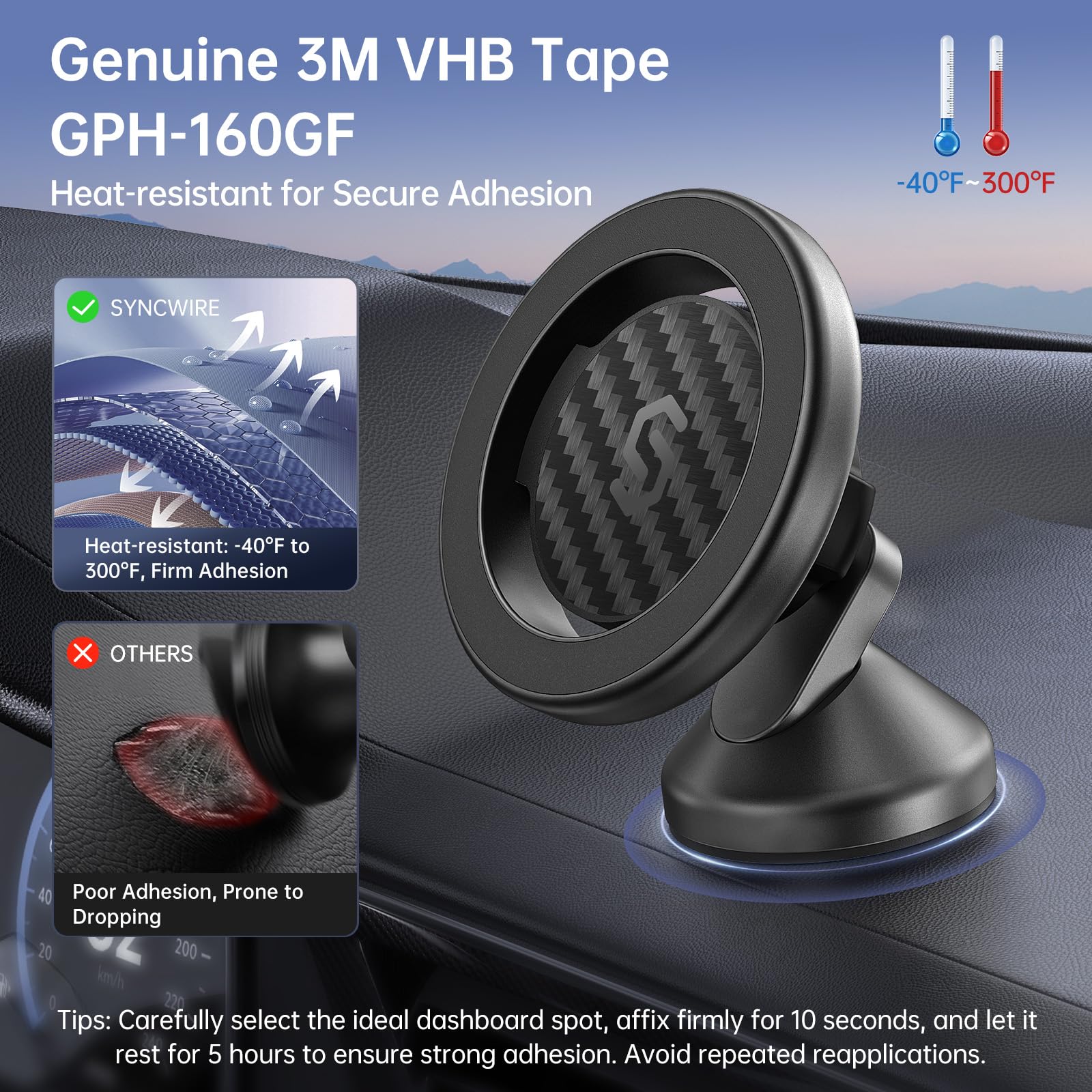 SYNCWIRE MagSafe Car Mount - Flexible Rotation Magnetic Phone Holder for Dash, Strong Magnets, Universal Compatible iPhone, Samsung, Pixel - MagSafe Car Accessories