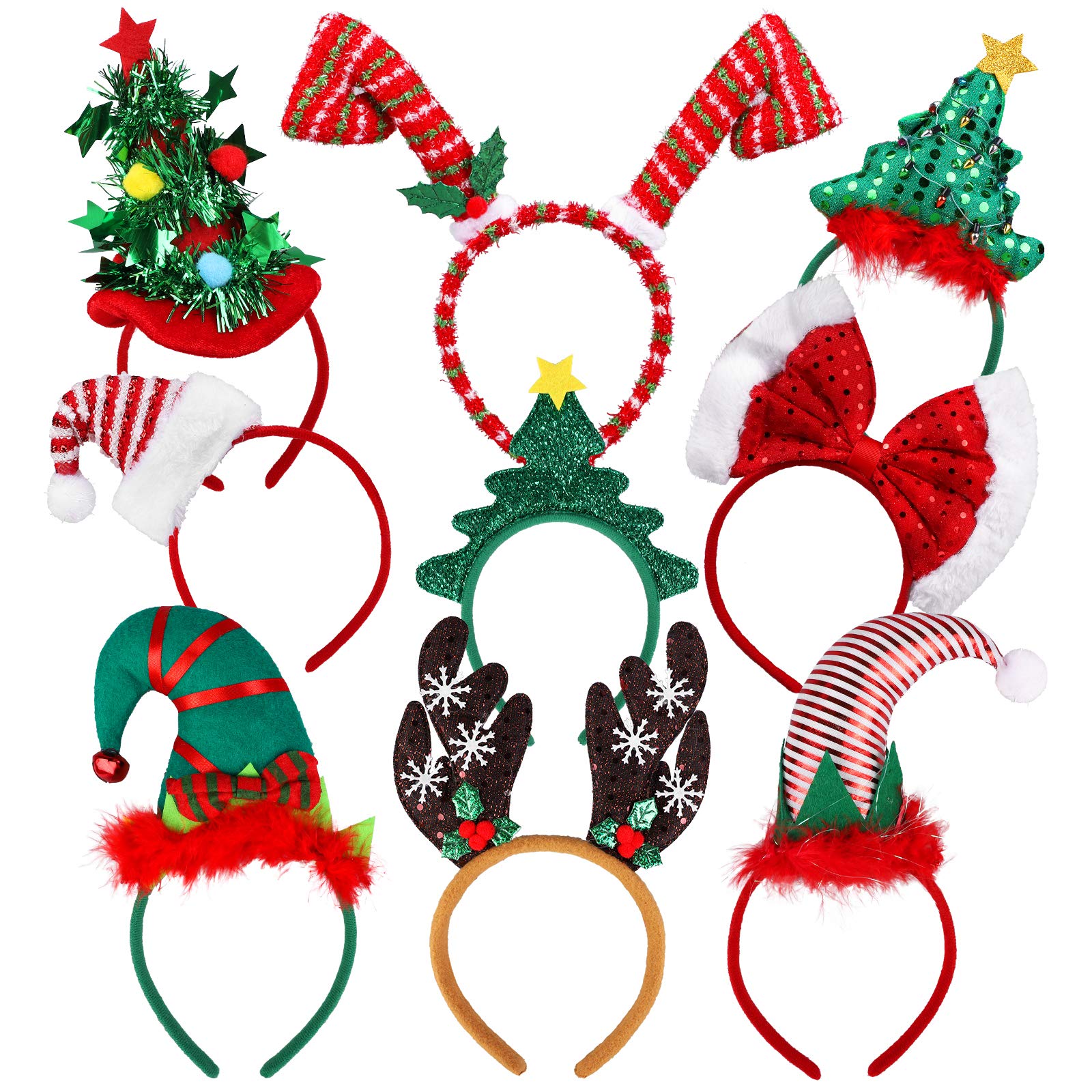 URATOT 9 Pack Creative Holiday Headbands Christmas Party Costume Headwear Elves Party Hats Reindeer Headbands for Christmas Accessory