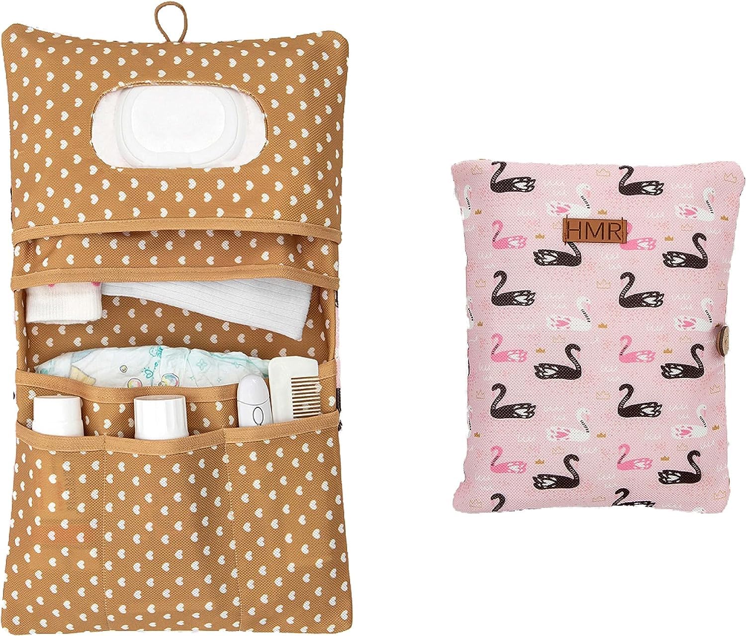 HAMUR HOME Diaper Bag with Changing Mat Organizer and Cosmetic Bag 2in1 - Small Diaper Bag for On The Go Mom's Diapers Cream Wipes Baby Organizer (Swan)