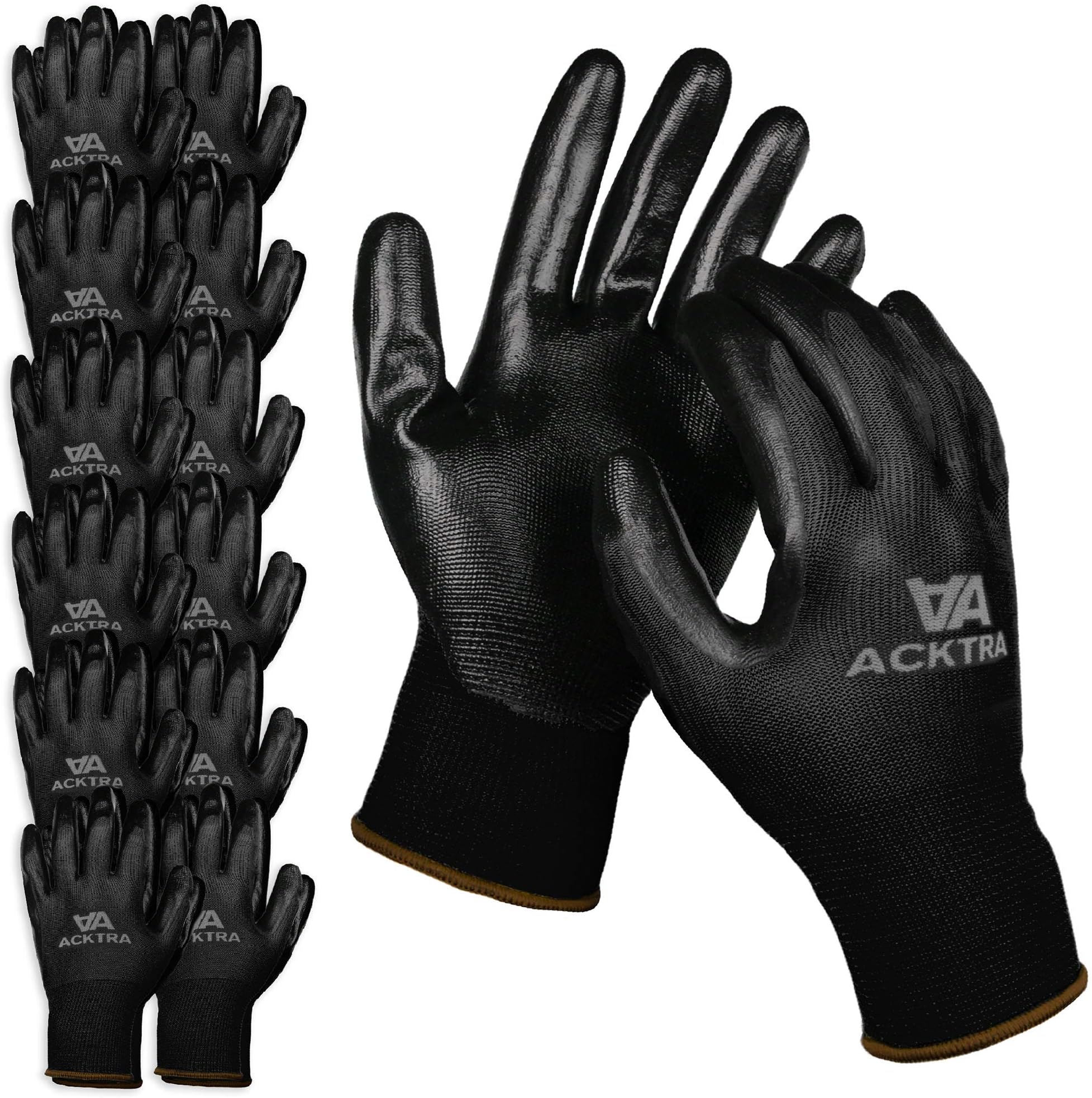 ACKTRA Nitrile Coated Safety WORK GLOVES 12 Pairs, WG003 Black/Black, Small