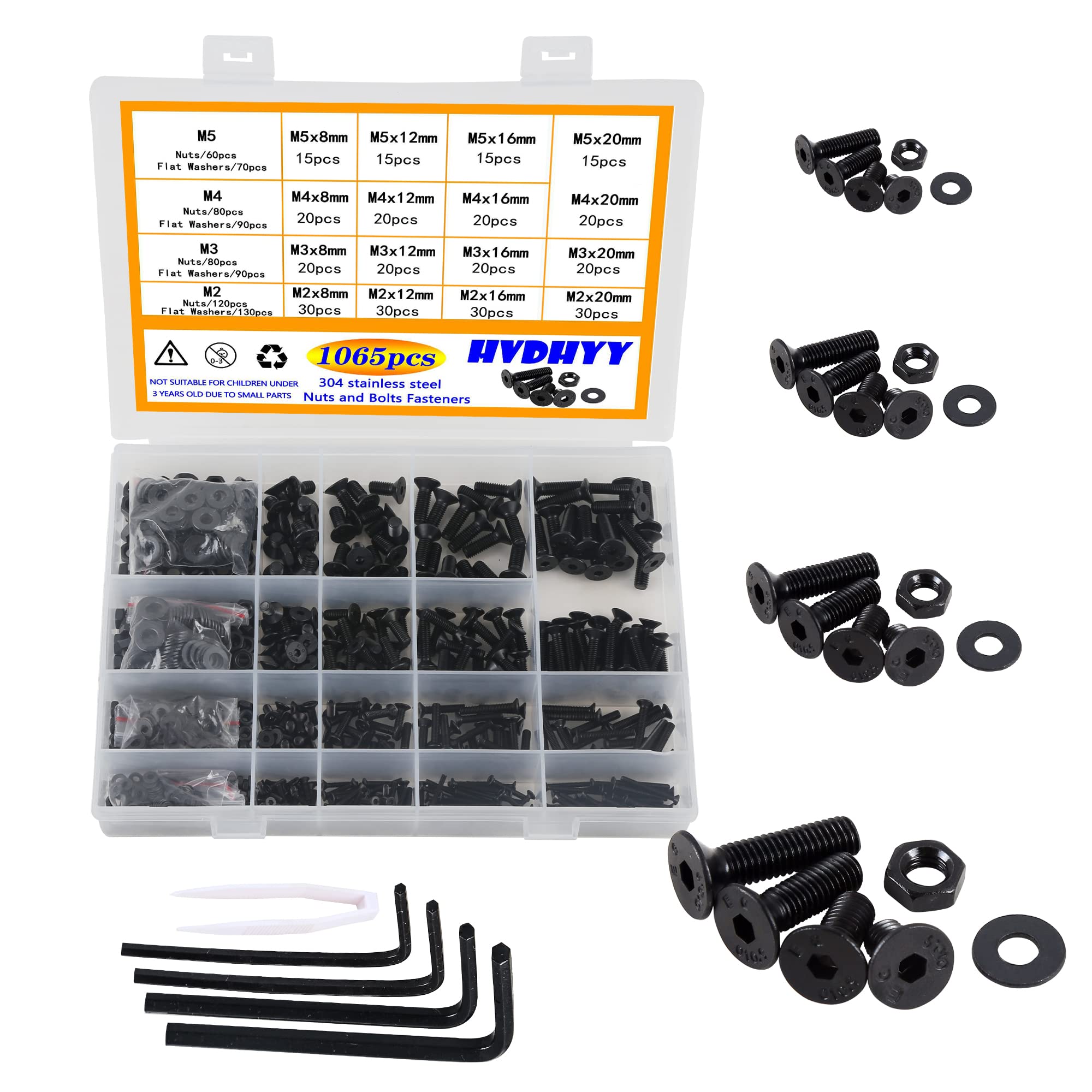 HVDHYY 1065pcs Black Bolt and Nut set M2 M3 M4 M5 Machine Phillips Pan Head Screws & Nuts & Washers Assortment kit Button with a Reusable Storage Box (4 Hex Wrenches)