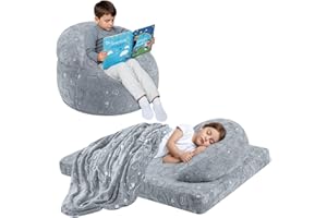 COMAX Bean Bag Chair for Kids, Dinosaur Convertible Toddler Beanbag Bed, Children Bean Chair Stuffed to Floor Mattress with Filler, Grey Dino