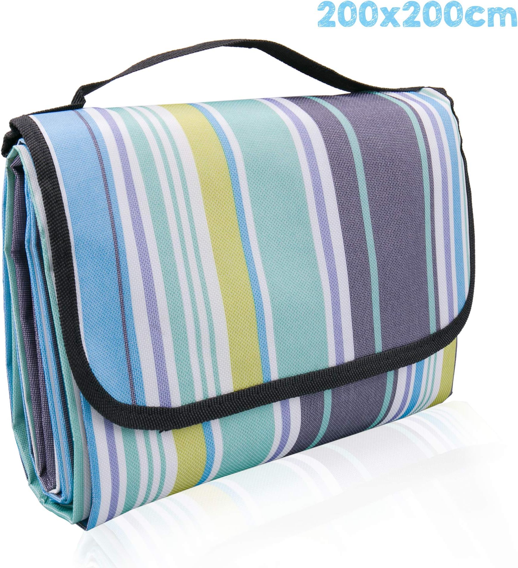 Inpher Picnic Blanket, Outdoor Indoor Portable Blanket Waterproof Backing with Handle, Foldable Beach Mat for Picnic, Indoor Resting family Day Out, Garden, Camping, Travelling - 200 X 200 cm