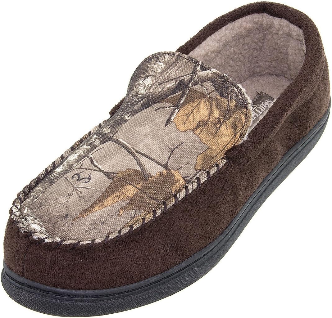 Realtree Camo Print Moccasin Slipper for Men, Winter Warm Slippers, Camouflage Green Brown, Size 8 to 13