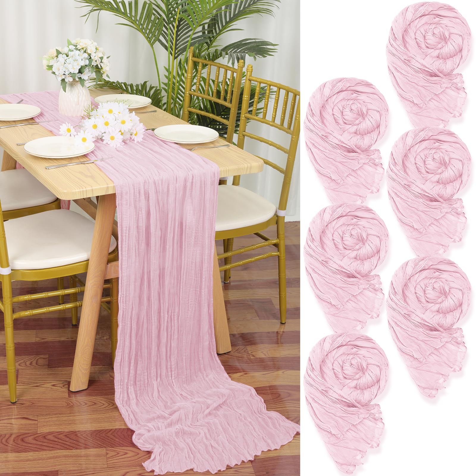 YMHPRIDE 6 Packs Cheesecloth Table Runner Pink, 55x300cm Rustic Gauze Fabric Boho Table Runner, Cheesecloth Wedding Table Decor for Wedding Party Bridal Shower Table Decorations — image 1