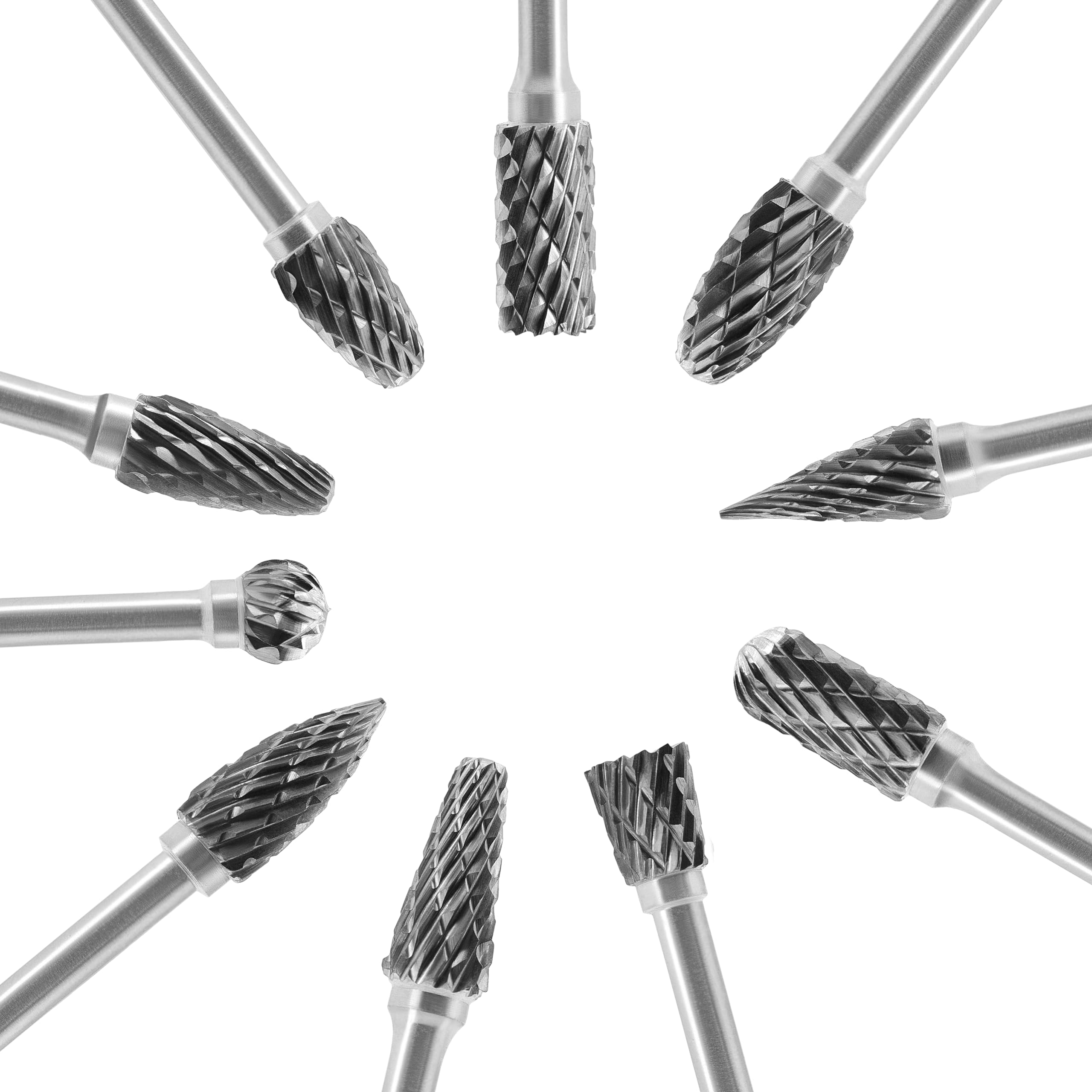 Tungsten Carbide Burr Set 1/8 (3 mm) Shank, 1/4 (6mm) Head, Die Grinder Bits 10 PC, Carving Bits, Double Cut Rotary Burr Set for Metal Carving, Engraving, Drilling, Polishing