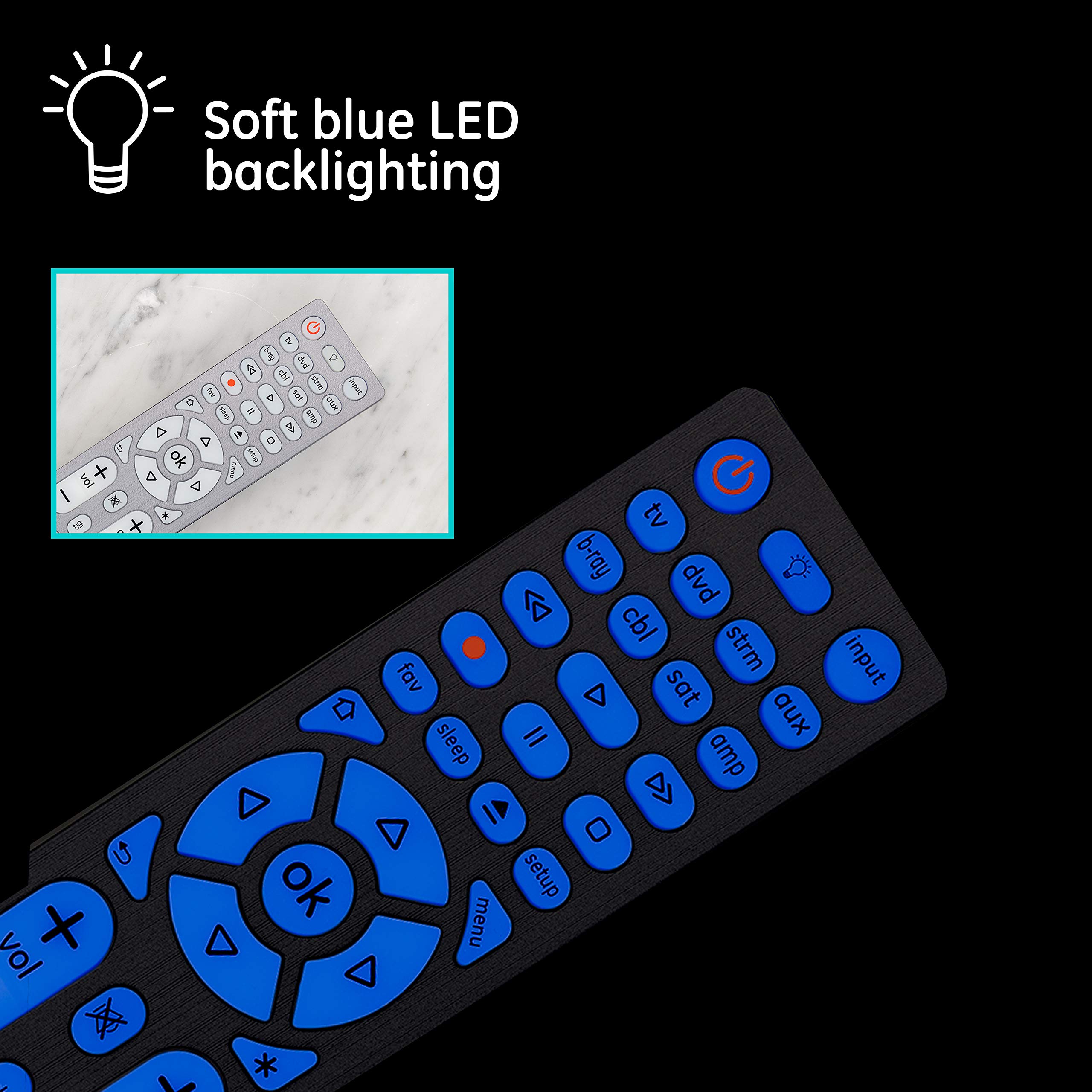 GE Backlit Buttons Universal Remote Control, Samsung TV Remote Control Replacement, Samsung Remote Control for Smart TV, Roku Remote Replacement, Vizio, LG TV, Sony, Apple TV, 8-Device, Silver, 47508