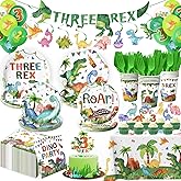 3rd Birthday Dinosaur Decorations Set - 197 Pcs Serves 24, 3-Rex Theme Kit with Tablecloth, Banner, Balloons Tableware & Cake Toppers