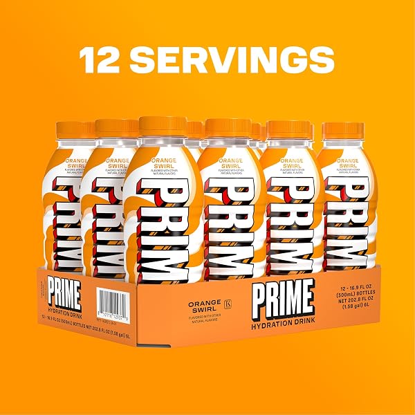 PRIME HYDRATION ORANGE SWIRL, SUGAR FREE SPORTS DRINKS, ELECTROLYTE ENHANCED TO REPLENISH FLUIDS, B VITAMINS, ANTIOXIDANTS, MADE WITH NATURAL FLAVORS, 16.9 FL OZ 12 PACK