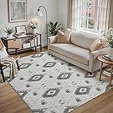 WondRg 4x6 Grey and Ivory Shag Rug for Living Room Washable Checkered Area Rug Neutral Soft Non Shedding Non Slip Durable Geo