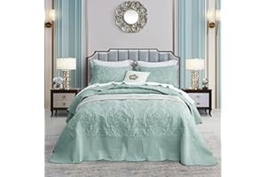 CHIXIN Bedspread Coverlet Set Queen Size - Lightweight Bedding Cover - Beautiful Stitching - 5 Piece Reversible Bedspread - Gorgeous Damask Paisley Pattern (Queen, Seaglass)