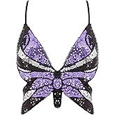 Mocure Womens Glitter Sequin Butterfly Crop Top Low-Cut Tank Top Rave Tube Vest Top for Belly Dance Costume Outfits