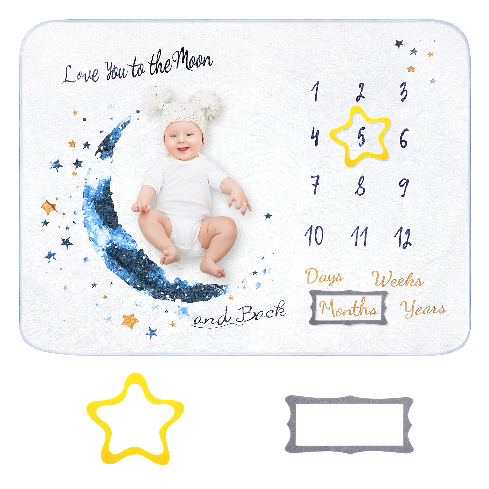 Baby Milestone Blanket Moon Photo Blanket Monthly Photo Mat with Felt Frames Personalized for Newborn Girl Boy 150 * 100cm