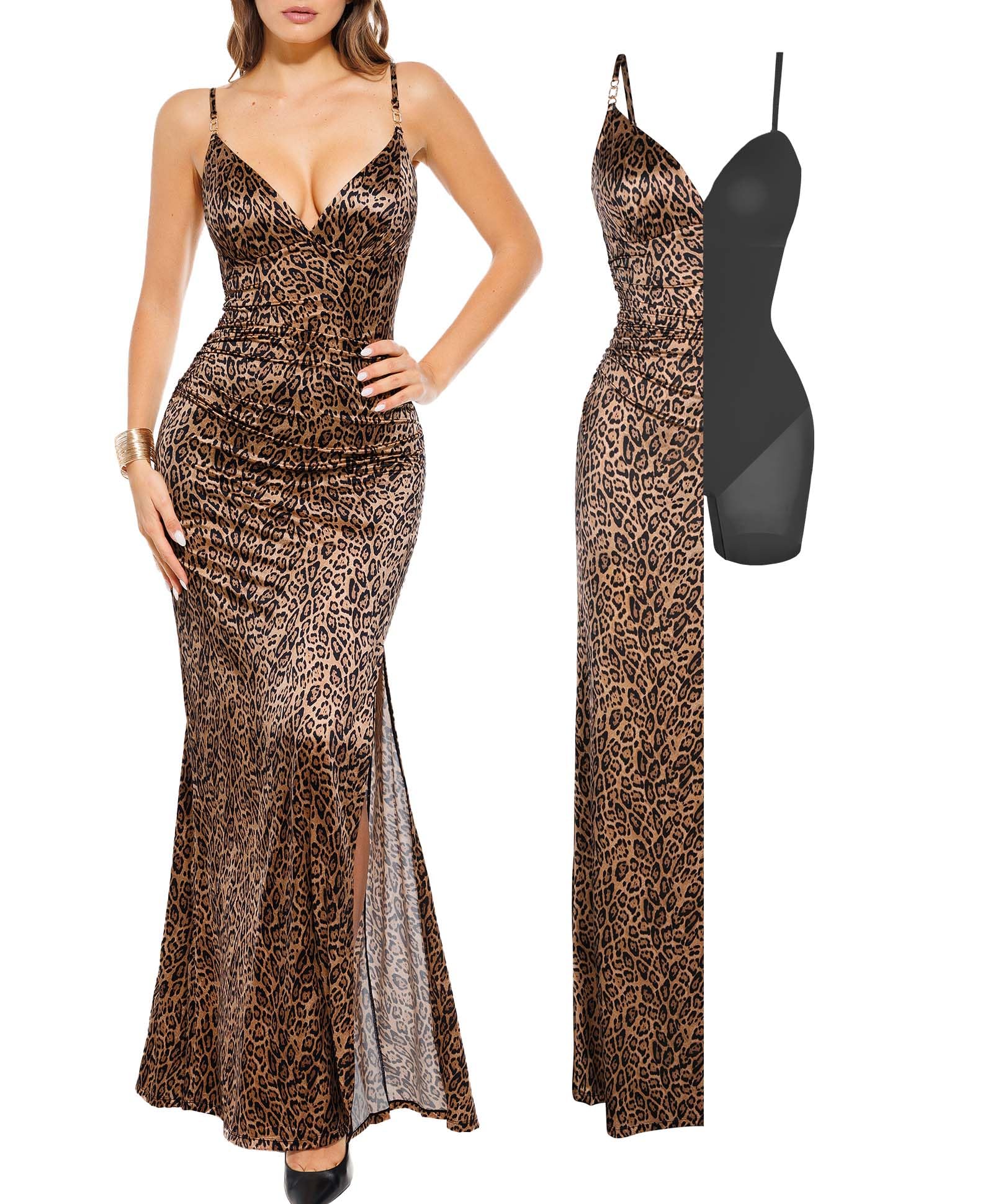Photo 1 of Popilush Womens Shapewear Maxi Dresses Leopard Print Sexy Long Formal Cocktail Evening Bodycon Dress