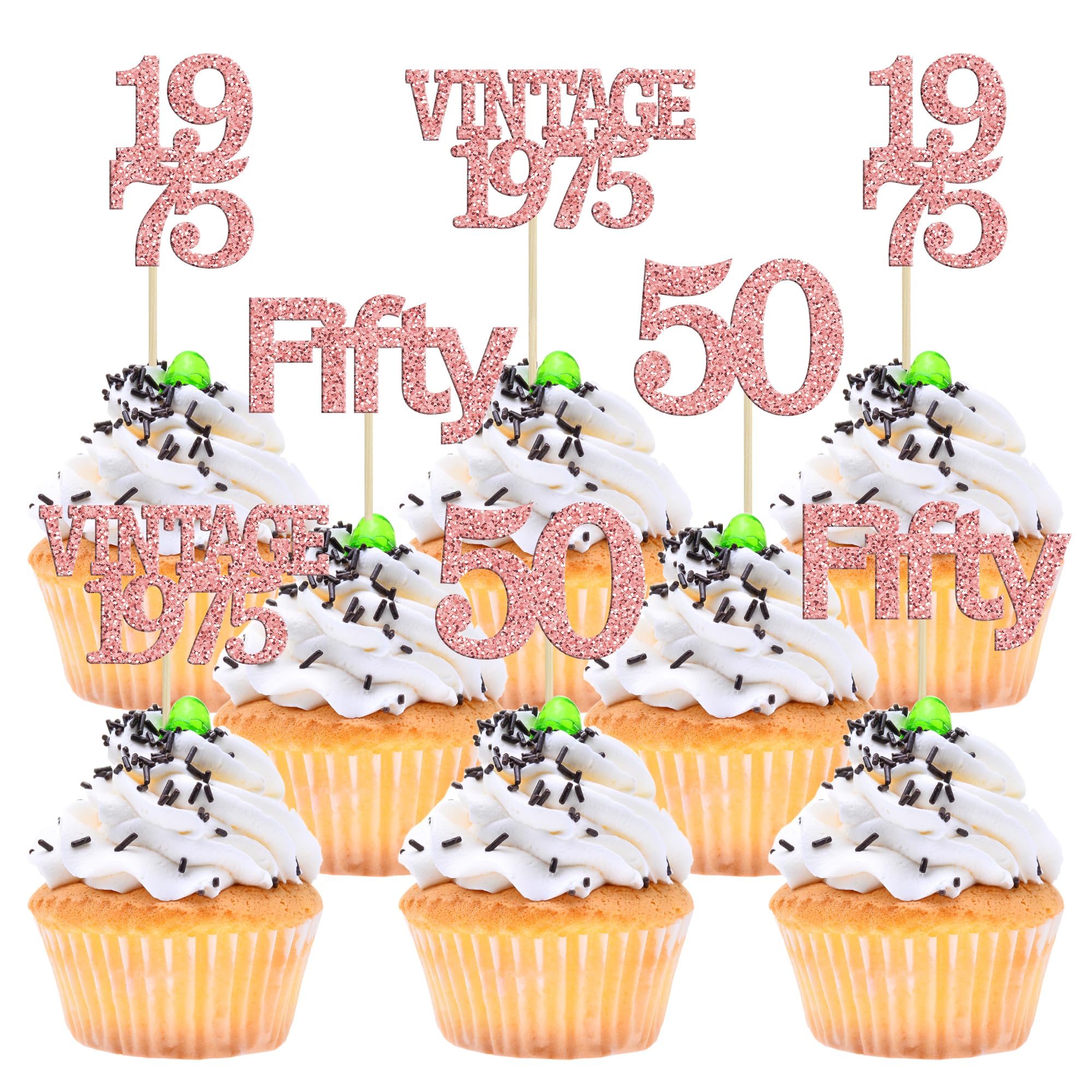 Gyufise 24Pcs 50th Birthday Cupcake Toppers Cheers to 50 Fabulous Fifty Vintage 1975 Cupcake Picks 50th Birthday Wedding Anniversary Party Cake Decorations Supplies Rose Gold