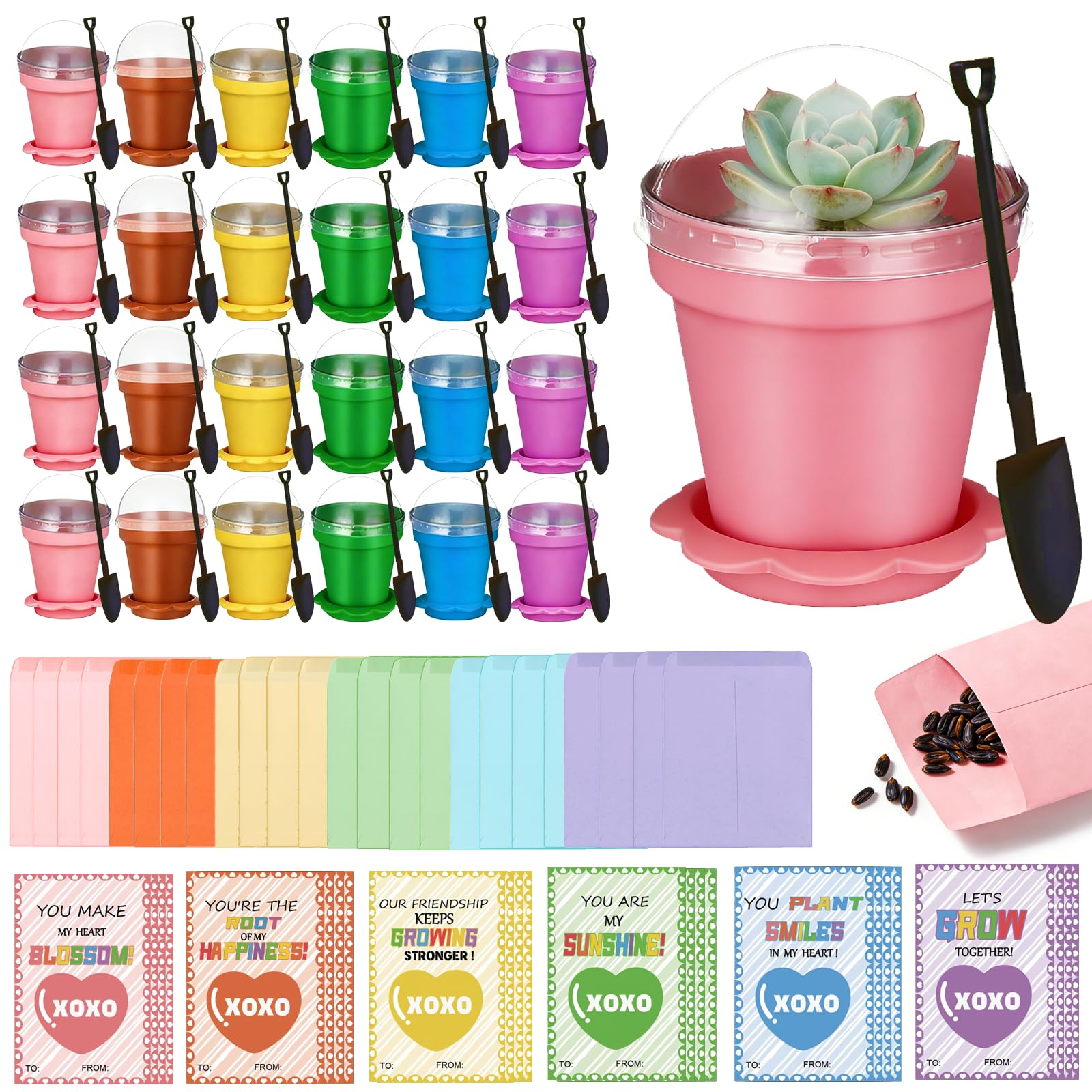 Photo 1 of 24 Set Valentines Day Cards for Kids Classroom,Nursery Pots with Humidity Dome Shovel and Seed Packet,Small Plastic Plant Pots Valentines Party Favors for Classroom Exchange (Not Included Seeds)