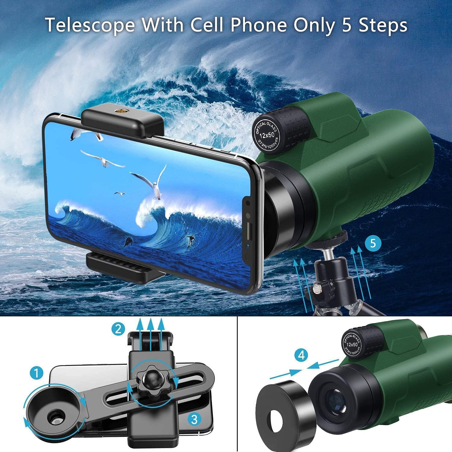 Pankoo 40X60 Monocular Telescope for Smartphone with Phone Adapter and Tripod High Power Monocular Scope for Bird Watching Hunting Traveling Concert Low Night Vision Monoculars for Adults and Kids : Camera & Photo