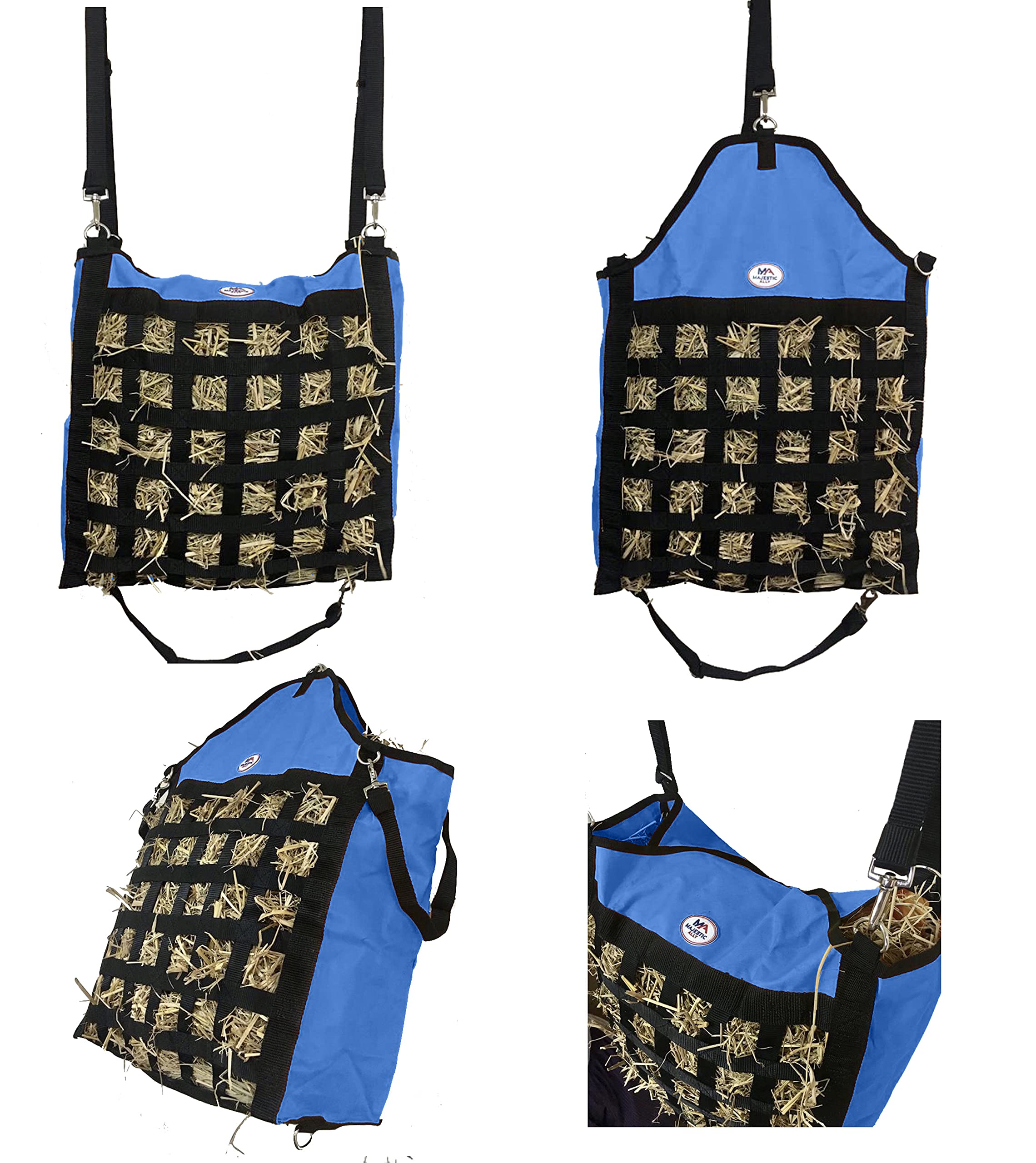 Majestic Ally Slow Feed Hay Bag for Horses, Adjustable Travel Feeder for Trailer, Stall, and Portable Wear, Feeding Sack with Strap Support, Simulates Grazing, Reduces Waste (Hurricane Blue)