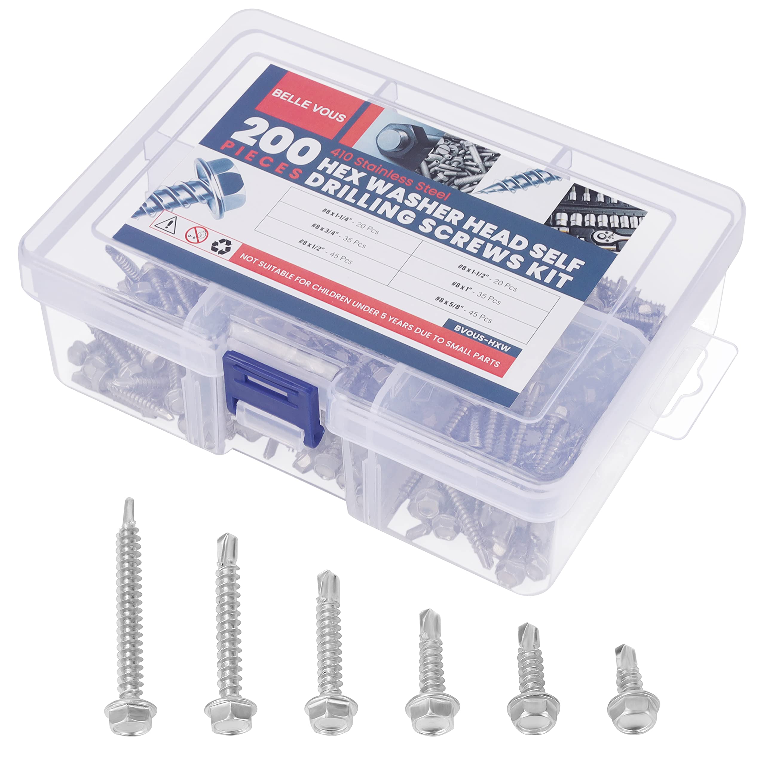 Belle Vous Stainless Steel #8 Assortment TEK Self Drilling Screws (200 Pack) - 6 Size Hex Washer Head Kit - Self Tapping Roof Sheet Metal, Wood, Building & Construction Screw Set