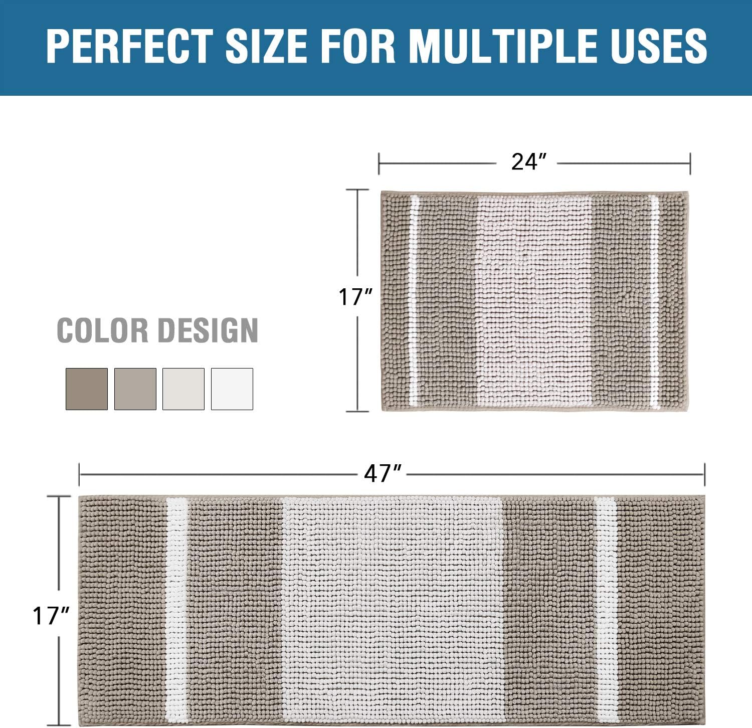 Extra Thick Chenille Striped Pattern Bath Rugs for Bathroom Non Slip - Soft Plush Shaggy Bath Mats for Bathroom Floor, Indoor Mats Rugs for Entryway (Navy, 32 x 20 Plus 24 x 17 - Inches): Home & Kitchen